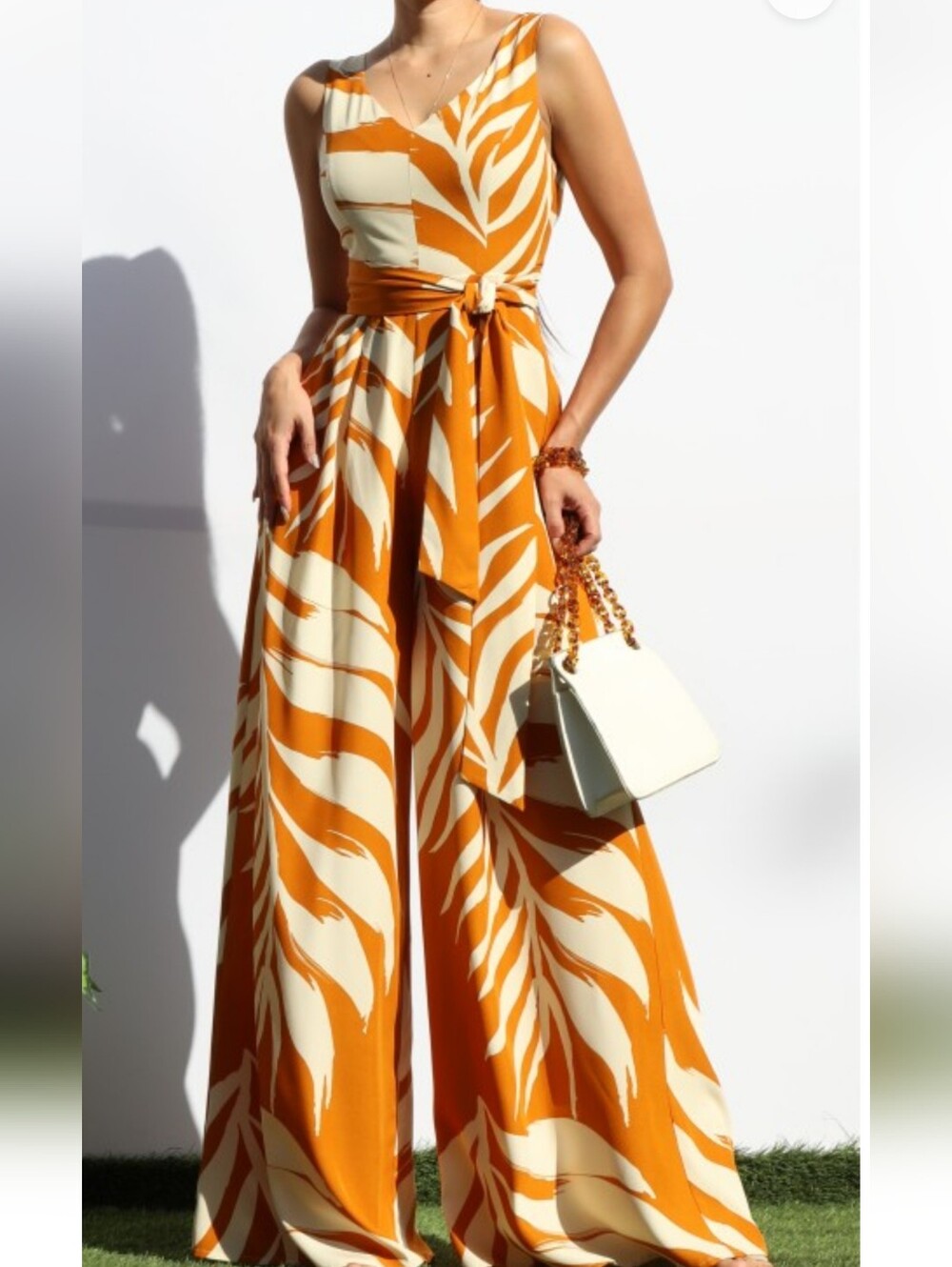 Leaf Print Wide-Leg Jumpsuit Sleeveless in Mustard & Cream-Large  NWT